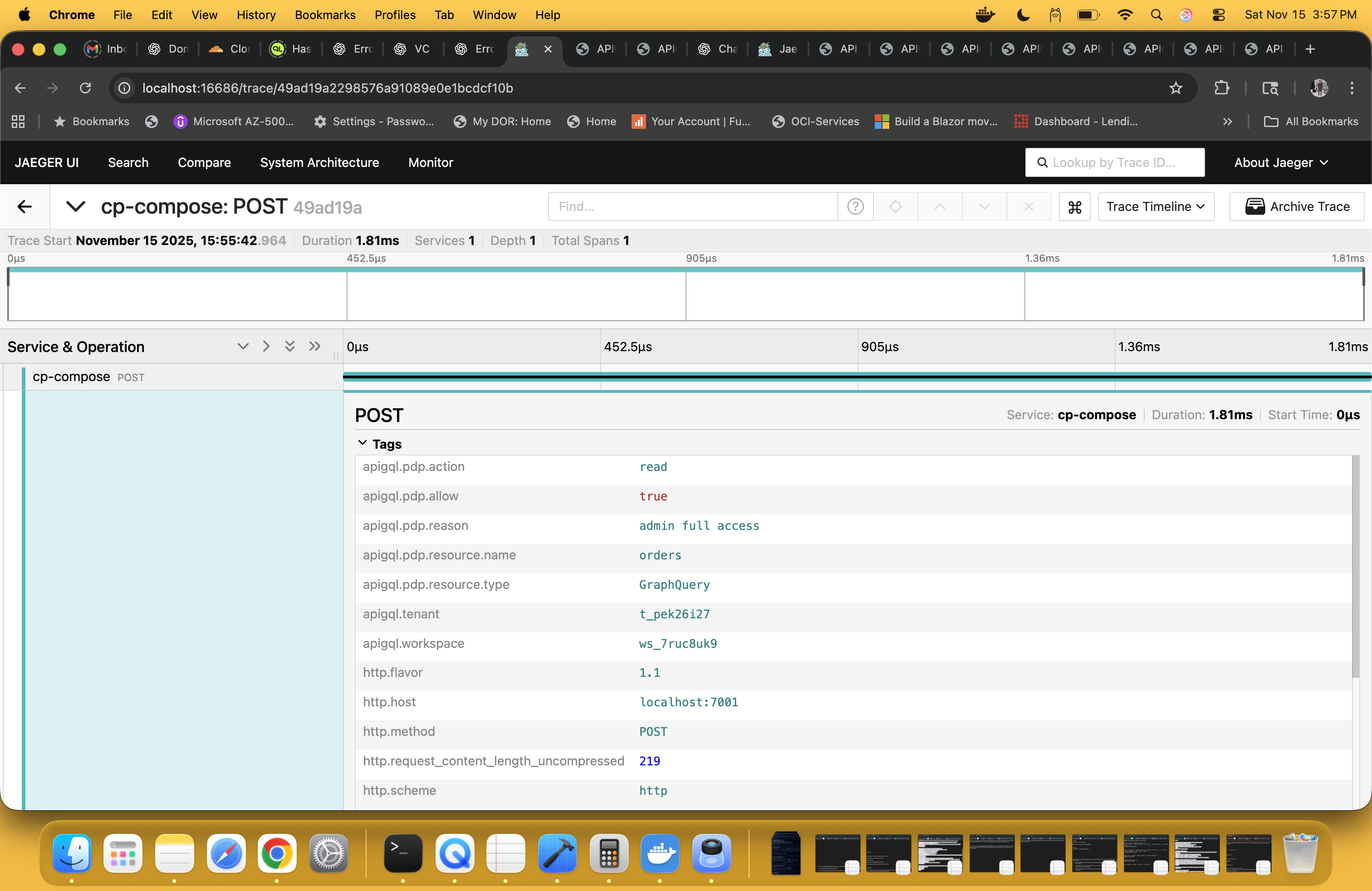 Jaeger trace showing admin PDP allow true with resource orders