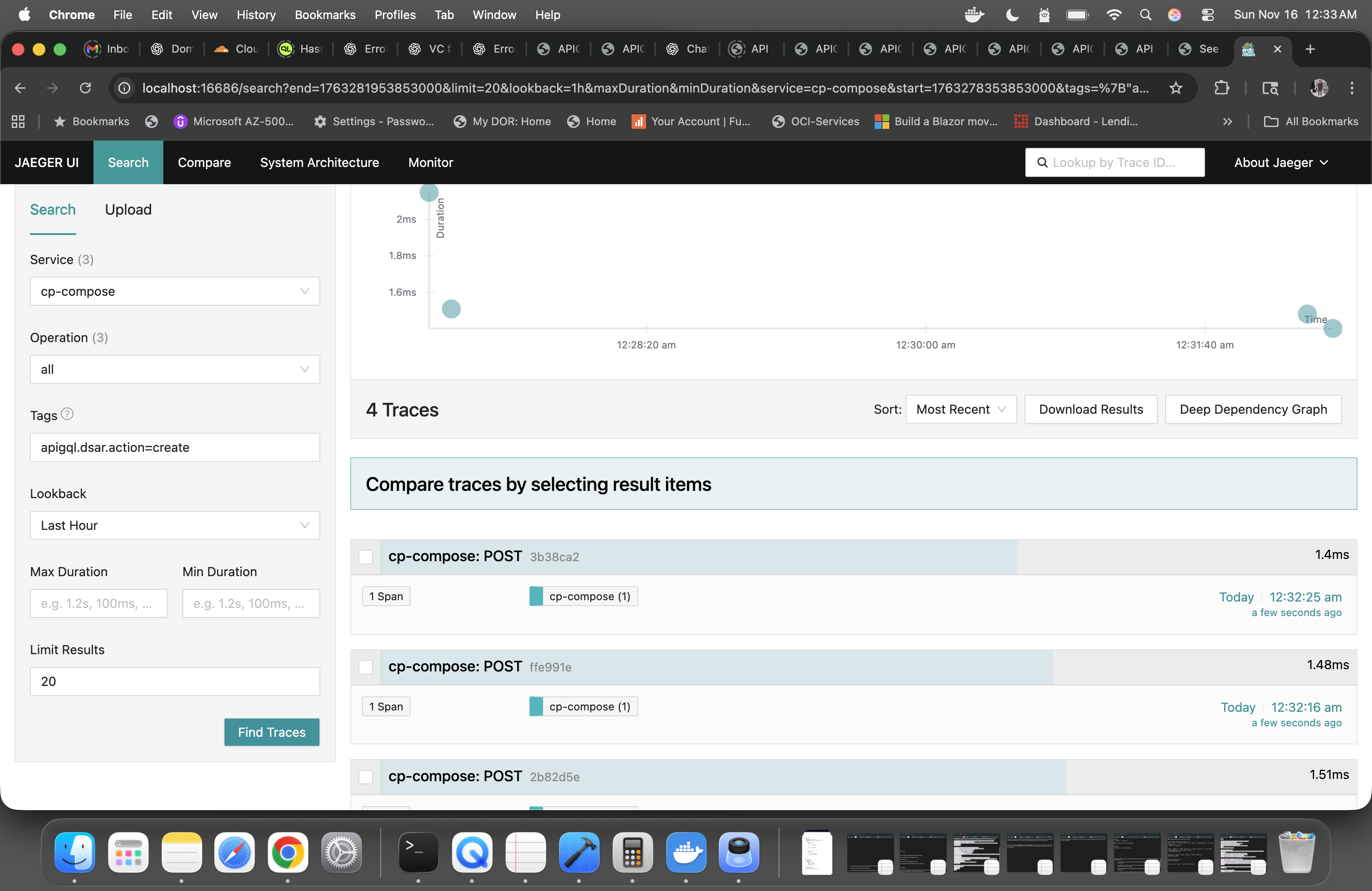 Jaeger search using a custom tag filter to find DSAR create events